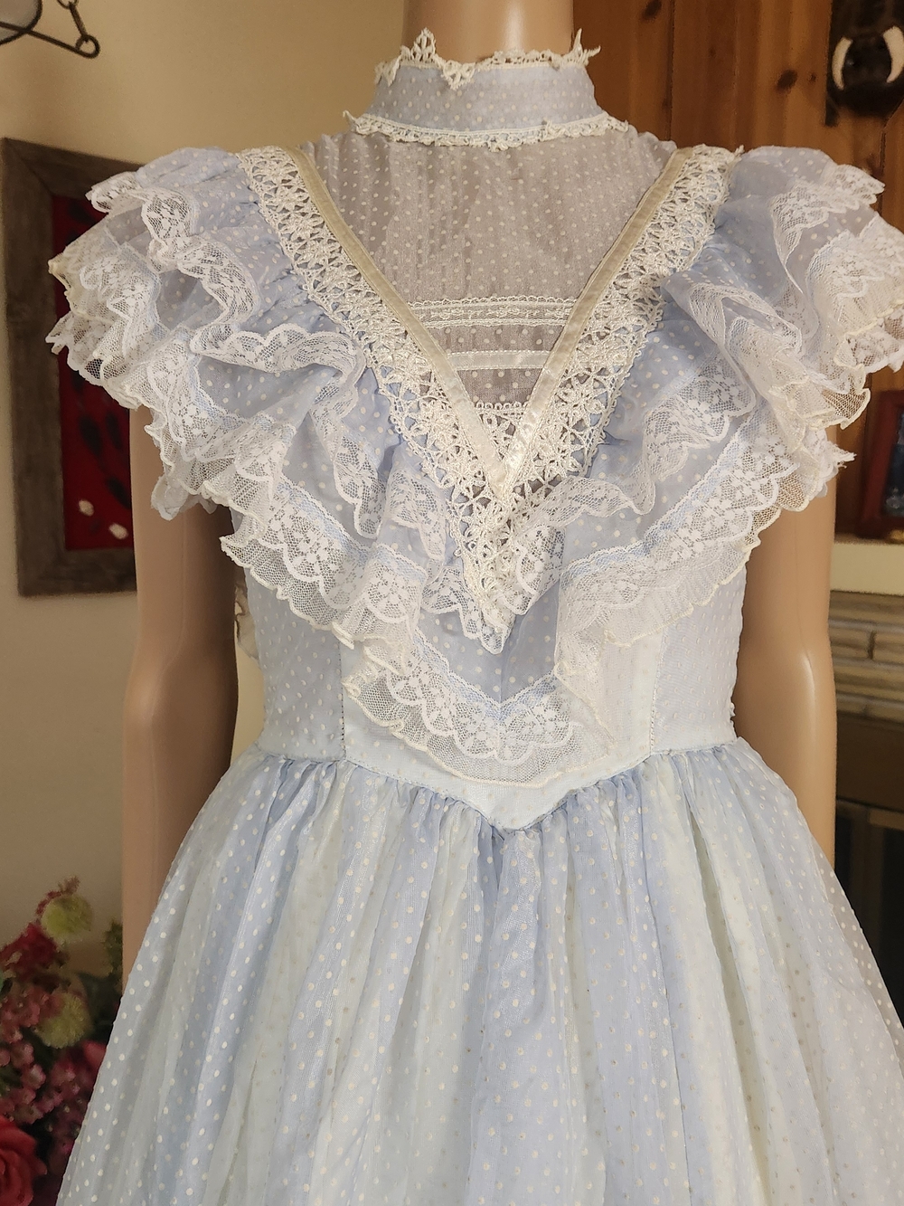 Vtg Gunne Sax Light Blue Dotted Swiss Prairie Maxi Dress | XS | Near Mint - Picture 6 of 12